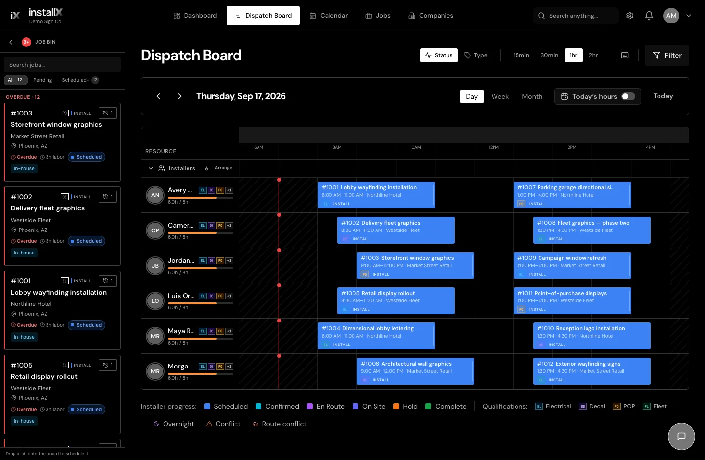 InstallX dispatch board showing installation time blocks across crew schedules