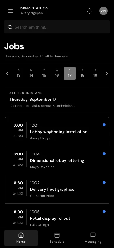 InstallX mobile installer workspace showing assigned jobs and the daily schedule
